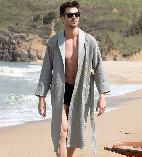 Men's Full Length Lightweight Waffle Spa Robe with Shawl Collar Azure Chestnut