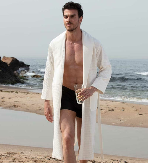 Men's Full Length Lightweight Waffle Spa Robe with Shawl Collar Azure Chestnut