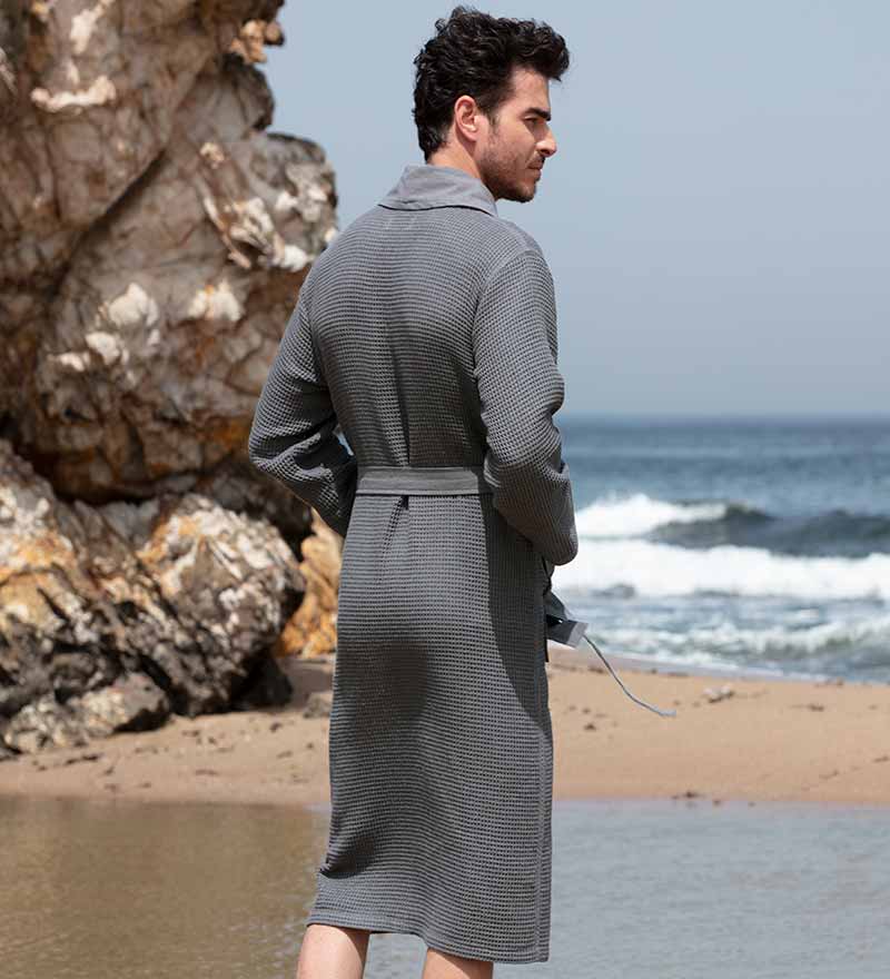 Men's Full Length Lightweight Waffle Spa Robe with Shawl Collar Azure Chestnut