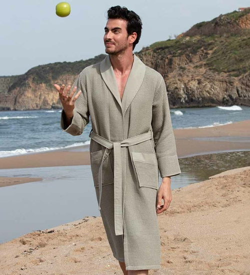 Men's Full Length Lightweight Waffle Spa Robe with Shawl Collar Azure Chestnut