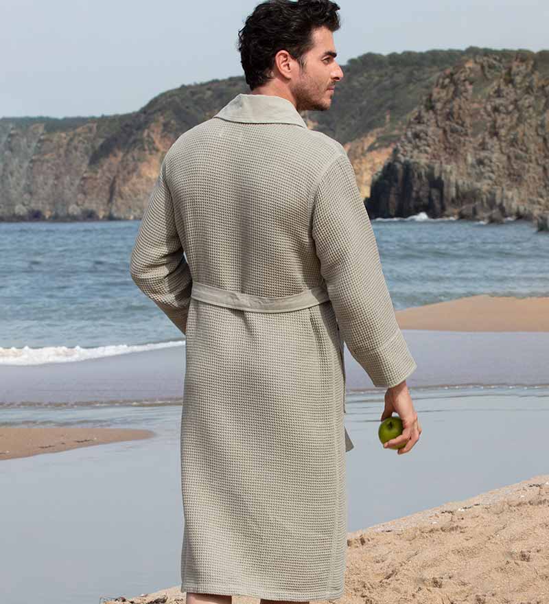 Men's Full Length Lightweight Waffle Spa Robe with Shawl Collar Azure Chestnut