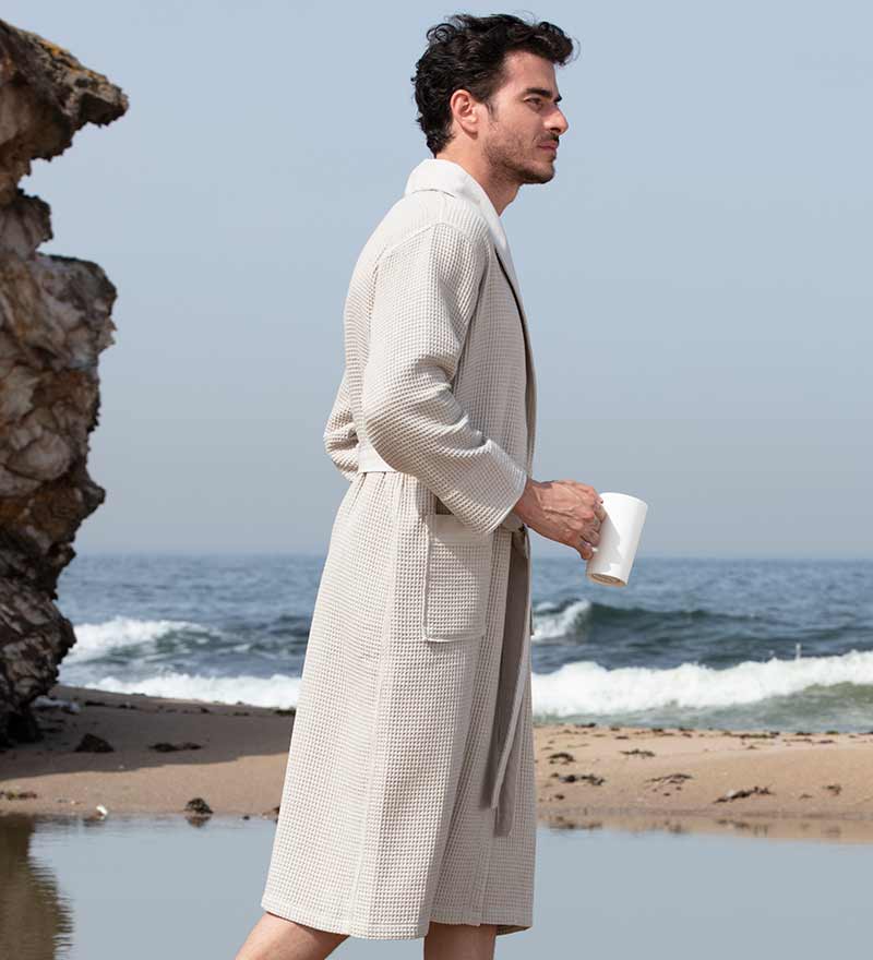 Men's Full Length Lightweight Waffle Spa Robe with Shawl Collar Azure Chestnut