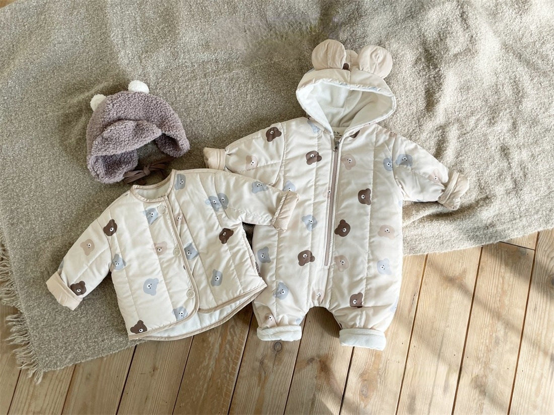Baby Bear Print Pattern Quilted Warm Coat & Jumpsuit