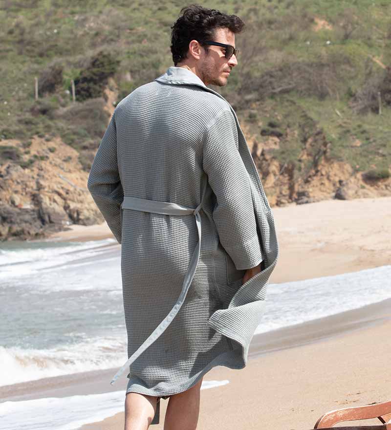 Men's Full Length Lightweight Waffle Spa Robe with Shawl Collar Azure Chestnut