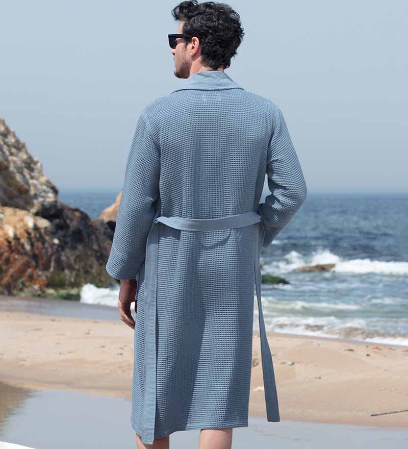 Men's Full Length Lightweight Waffle Spa Robe with Shawl Collar Azure Chestnut