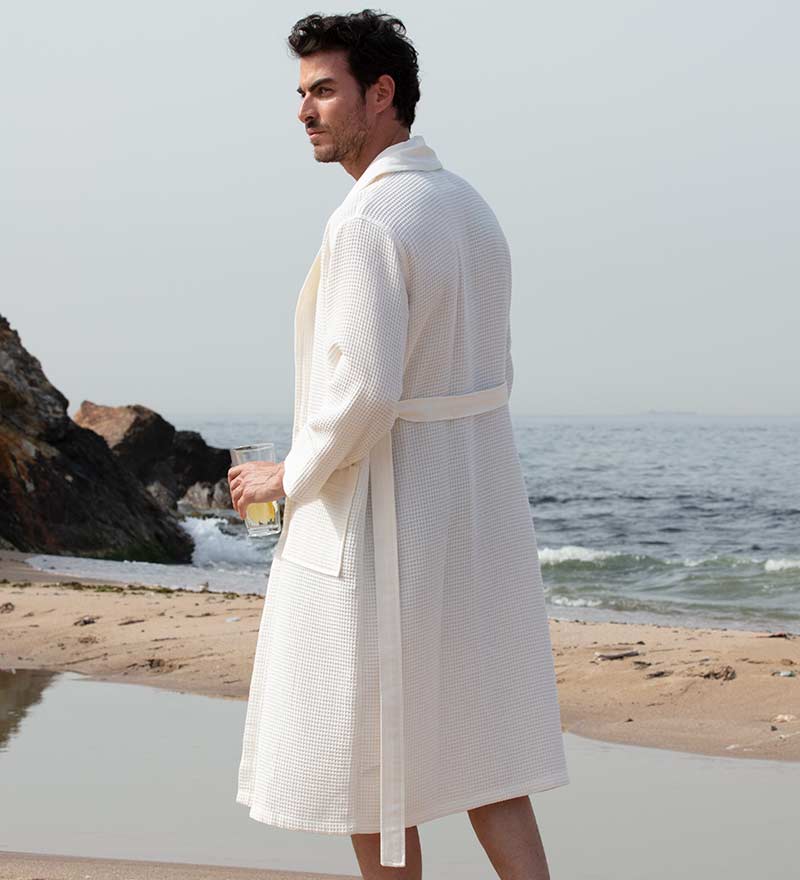 Men's Full Length Lightweight Waffle Spa Robe with Shawl Collar Azure Chestnut