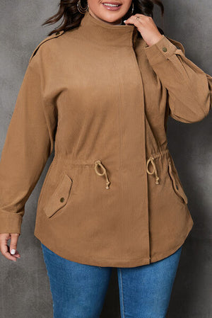 Plus Size Zipper and Snap Down Drawstring Jacket