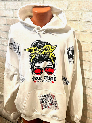 True Crime Obsessed hoodie with news clipping images