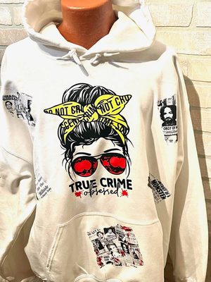 True Crime Obsessed hoodie with news clipping images