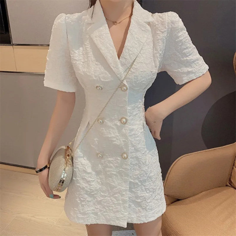 Women's Temperament Puff Sleeve Double Breasted Dress Luchu