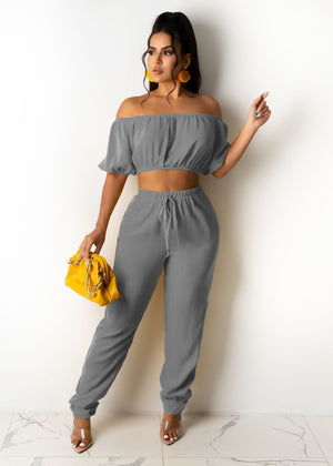 Solid Slash Neck Short Sleeve Two Piece Pant Sets TR-1137 PACIFIC COLLAB