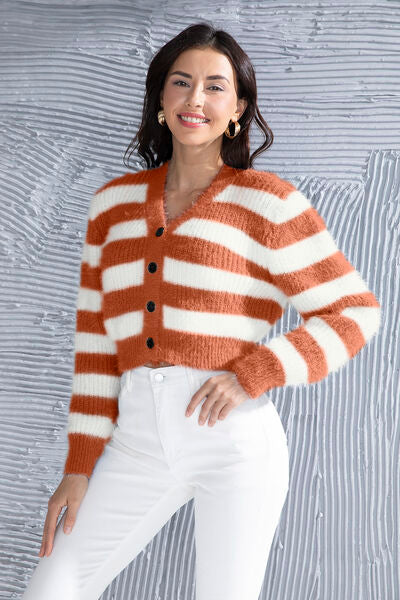 Striped Button Up Cropped Cardigan