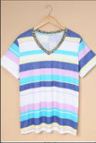 Multicolor Stripes Plus Size T-shirt Stay Warm In Style