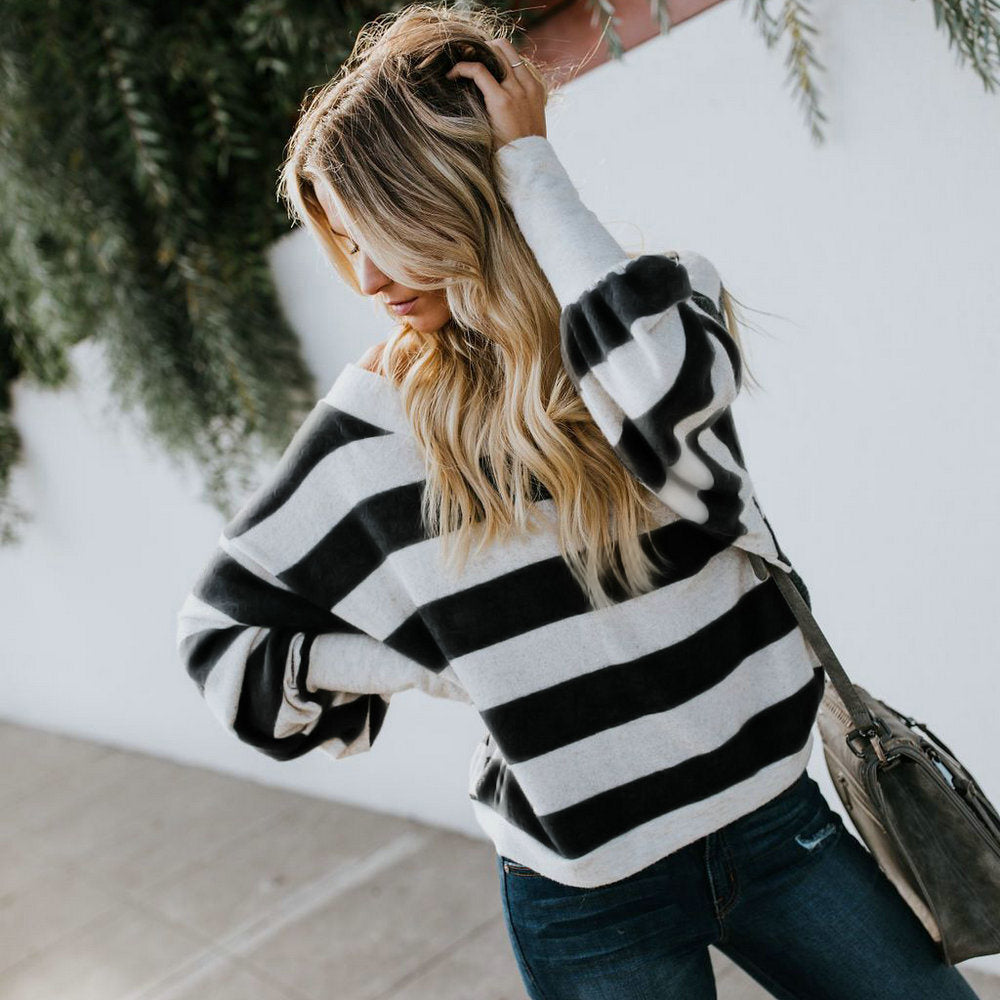 Autumn and Winter Blouse Sexy Round Neck Black and White Striped Loose Long-sleeved Shirt W2B