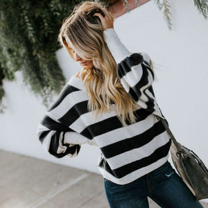 Autumn and Winter Blouse Sexy Round Neck Black and White Striped Loose Long-sleeved Shirt W2B