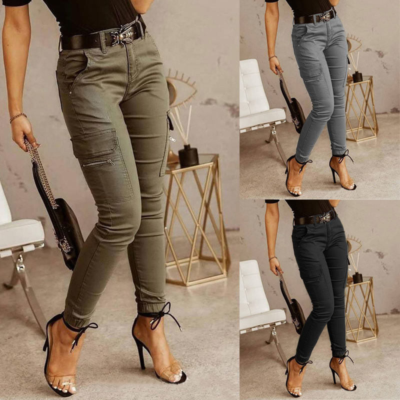 Zipper Pocket Women's Pants High Waist Without Belt Skinny Cargo Women Pant 2021 Summer Autumn Fashion Casual Trousers Female W2B