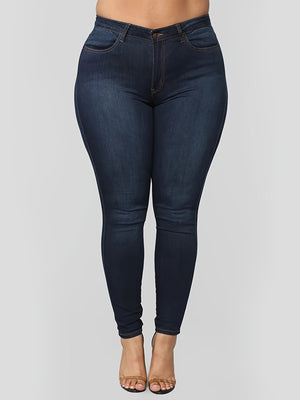 Plus Size High Rise Button Fly Skinny Jeans; Women's Plus Slight Stretch Casual Denim Skinny Pants W2B
