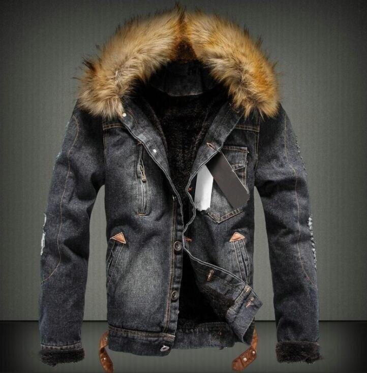 Men's Faux Fur Collar Denim Jackets Fleece Jean Outwear Coat