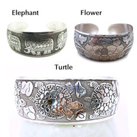 Vintage Antique Silver Wide Bangle Elephant, Flower & Turtle Totem MaddisonCo Inc