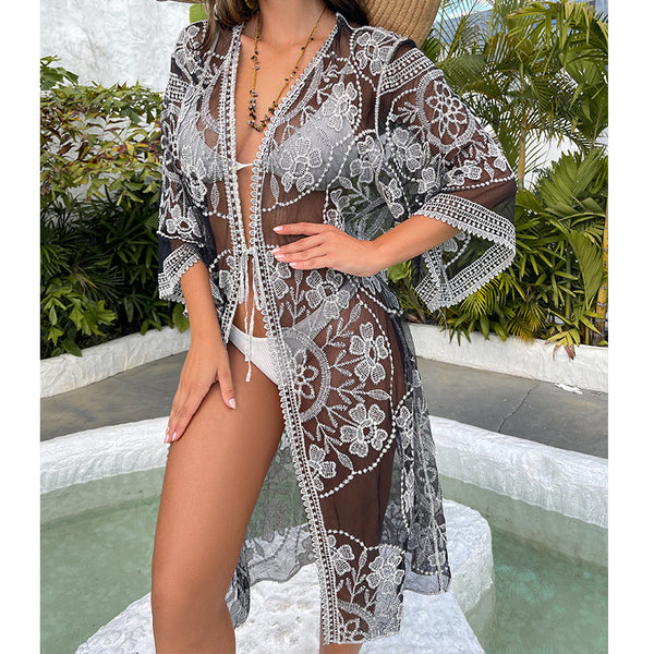 Silk Sun Embroidered Loose Beach Cover Up Tidee