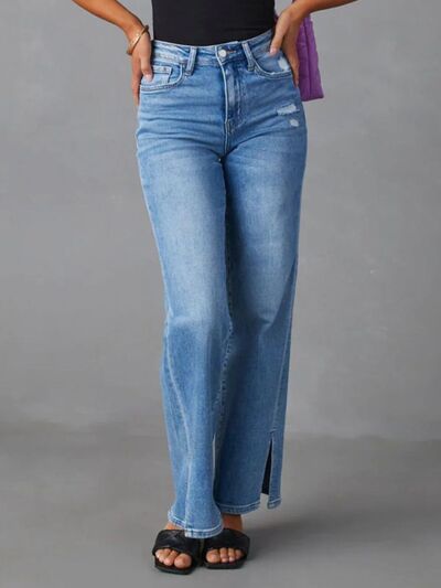 Slit Buttoned Jeans with Pockets