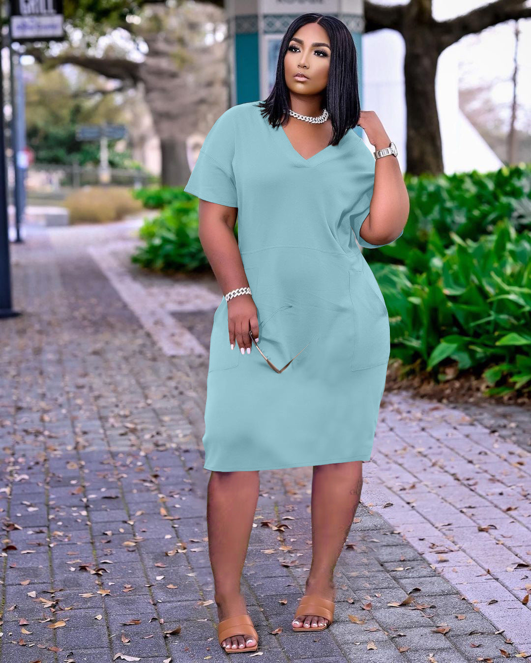 Plus Size Loose Solid Color V-neck Casual Pockets Midi Dress TK-6153 PACIFIC COLLAB